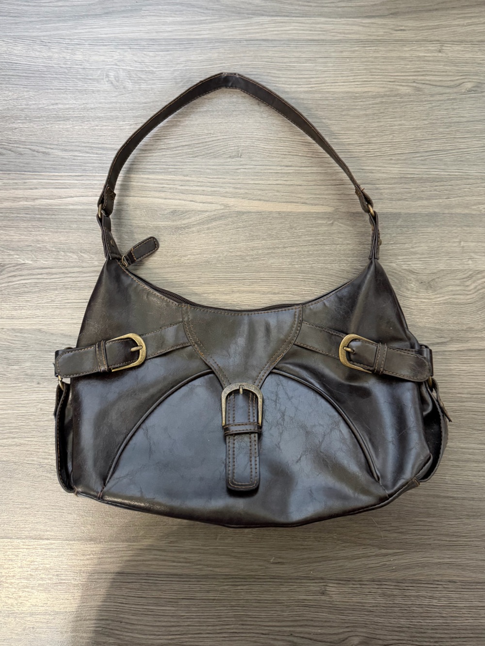 Classic Vintage Style Dark Chocolate Brown Leather Shoulder Bag Gold Hardware